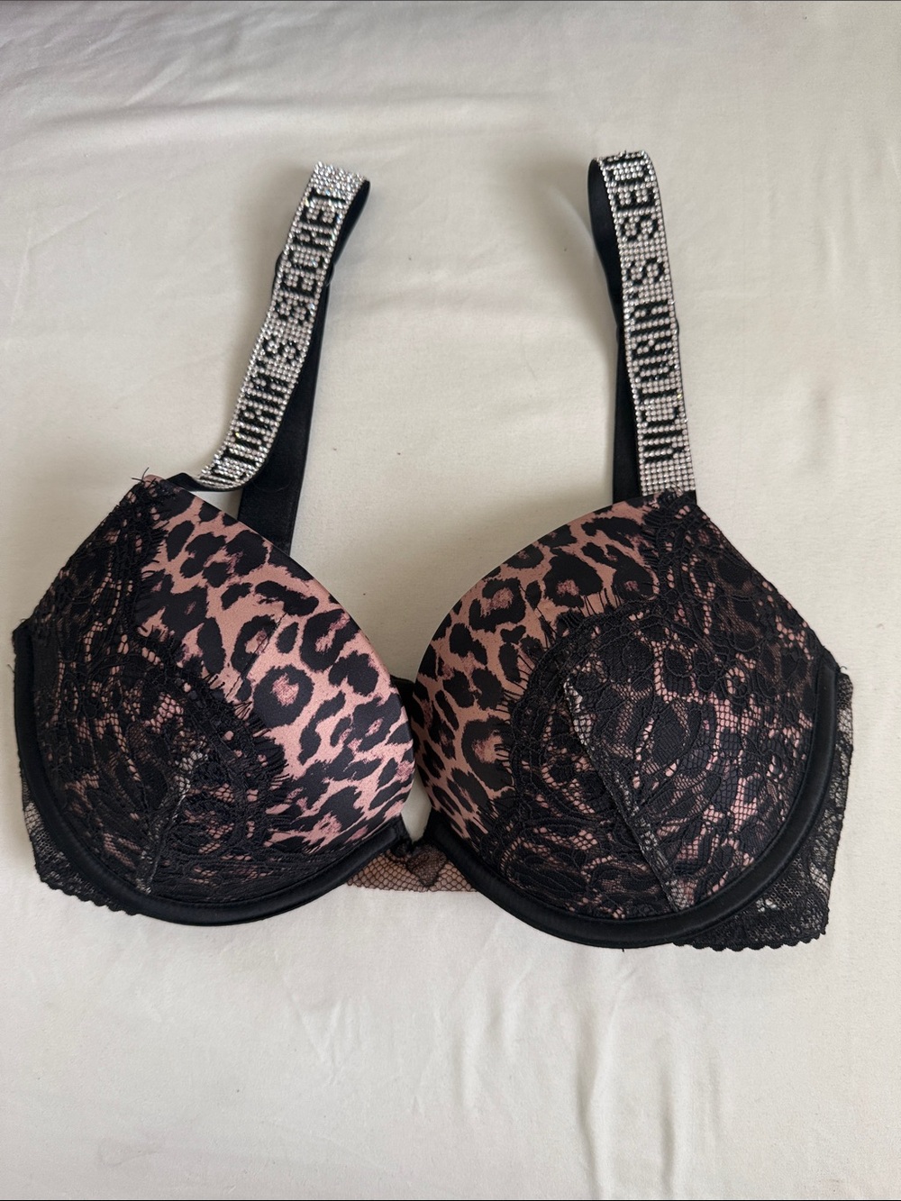 Leopard Lace Push-Up Bra in Pink and Black